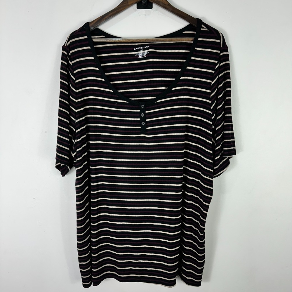 Lane Bryant Henley Top Womens 22 Black Purple Striped Short Sleeve Plus Preppy